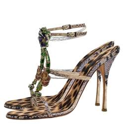 Pre Owned Roberto Cavalli Multicolor Python Metal Snake And Orchid Embellished Slingback Sandals Size 41