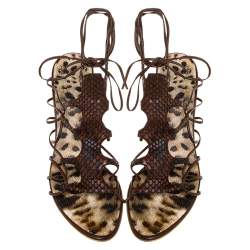 Roberto Cavalli Brown Python Lace Up Ankle Tie Sandals Size 40