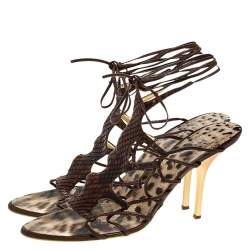 Roberto Cavalli Brown Python Lace Up Ankle Tie Sandals Size 40