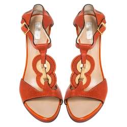 مملوكة مسبقًا Roberto Cavalli Orange Leather Metal Embellished Ankle Strap Sandals Size 39