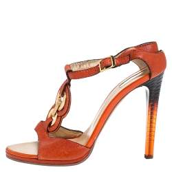 مملوكة مسبقًا Roberto Cavalli Orange Leather Metal Embellished Ankle Strap Sandals Size 39