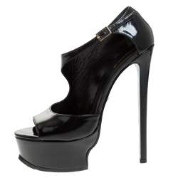 Pre Owned صندل روبرتو كافالي بسير كاحل و بمقدمة مفتوحة جلد لامع أسود مقاس 37