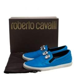 Roberto Cavalli Blue Leather Crystal Embellished Slip On Sneakers Size 38