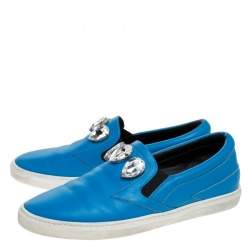 Roberto Cavalli Blue Leather Crystal Embellished Slip On Sneakers Size 38
