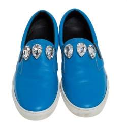 Roberto Cavalli Blue Leather Crystal Embellished Slip On Sneakers Size 38