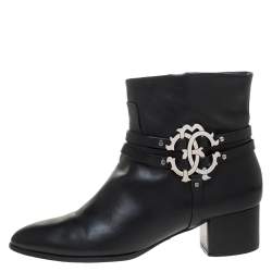 Pre Owned Roberto Cavalli Black Leather Logo Ankle Boots Size 40