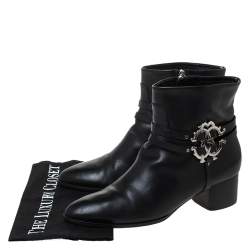 Pre Owned Roberto Cavalli Black Leather Logo Ankle Boots Size 40