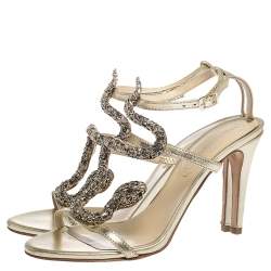 Pre Owned Roberto Cavalli Metallic Leather And Snake Detail Strappy Sandals Size 37.5