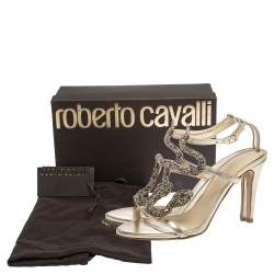 Pre Owned Roberto Cavalli Metallic Leather And Snake Detail Strappy Sandals Size 37.5