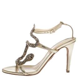 Pre Owned Roberto Cavalli Metallic Leather And Snake Detail Strappy Sandals Size 37.5