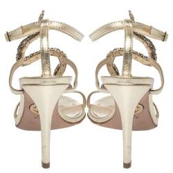 Pre Owned Roberto Cavalli Metallic Leather And Snake Detail Strappy Sandals Size 37.5