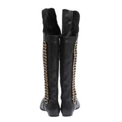 Pre Owned Roberto Cavalli Black Leather Metal Embellsihed Knee Length Boots Size 38