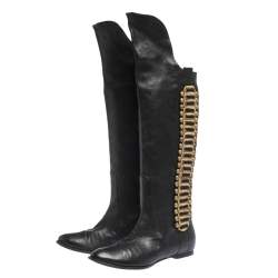 Pre Owned Roberto Cavalli Black Leather Metal Embellsihed Knee Length Boots Size 38