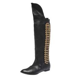 Pre Owned Roberto Cavalli Black Leather Metal Embellsihed Knee Length Boots Size 38