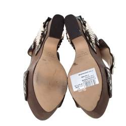Pre Owned Roberto Cavalli Brown Leather Embellished Buckle Detail Platform Wedge Sandals Size 37