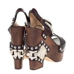 Pre Owned Roberto Cavalli Brown Leather Embellished Buckle Detail Platform Wedge Sandals Size 37