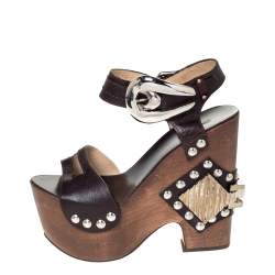 Pre Owned Roberto Cavalli Brown Leather Embellished Buckle Detail Platform Wedge Sandals Size 37