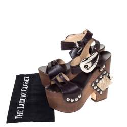 Pre Owned Roberto Cavalli Brown Leather Embellished Buckle Detail Platform Wedge Sandals Size 37