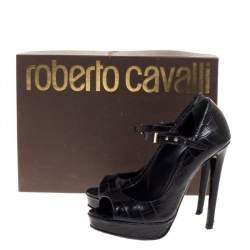 Pre Owned Roberto Cavalli Black Croc Embossed Leather Mary Jane Peep Toe Pumps Size 35.5