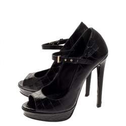 Pre Owned Roberto Cavalli Black Croc Embossed Leather Mary Jane Peep Toe Pumps Size 35.5