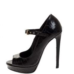 Pre Owned Roberto Cavalli Black Croc Embossed Leather Mary Jane Peep Toe Pumps Size 35.5