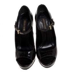 Pre Owned Roberto Cavalli Black Croc Embossed Leather Mary Jane Peep Toe Pumps Size 35.5