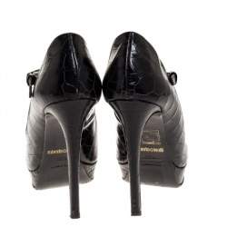 Pre Owned Roberto Cavalli Black Croc Embossed Leather Mary Jane Peep Toe Pumps Size 35.5