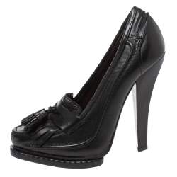 Pre Owned Roberto Cavalli Black Leather Fringe And Tassel Detail Loafer Pumps Size 36.5