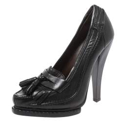 Pre Owned Roberto Cavalli Black Leather Fringe And Tassel Detail Loafer Pumps Size 36.5