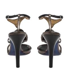 Pre Owned Roberto Cavalli Metallic Bronze/Brown Leather And Python Crystals Embellished Ankle Strap Sandals Size 38.5