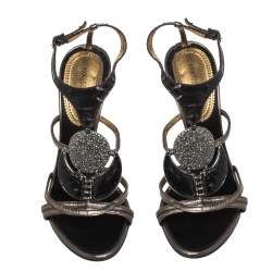 Pre Owned Roberto Cavalli Metallic Bronze/Brown Leather And Python Crystals Embellished Ankle Strap Sandals Size 38.5