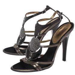 Pre Owned Roberto Cavalli Metallic Bronze/Brown Leather And Python Crystals Embellished Ankle Strap Sandals Size 38.5
