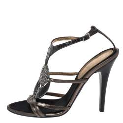 Pre Owned Roberto Cavalli Metallic Bronze/Brown Leather And Python Crystals Embellished Ankle Strap Sandals Size 38.5