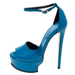 Pre Owned Roberto Cavalli Blue Leather Ankle Strap Platform Sandals Size 36