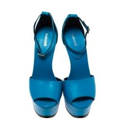 Pre Owned Roberto Cavalli Blue Leather Ankle Strap Platform Sandals Size 36