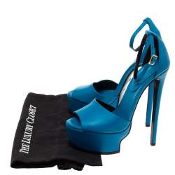 Pre Owned Roberto Cavalli Blue Leather Ankle Strap Platform Sandals Size 36