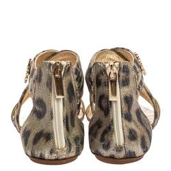 Roberto Cavalli Gold Leopard Print Criss Cross Shimmer Fabric and Leather Crystal Embellished Logo Flat Sandals Size 37