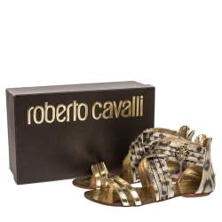 Roberto Cavalli Gold Leopard Print Criss Cross Shimmer Fabric and Leather Crystal Embellished Logo Flat Sandals Size 37