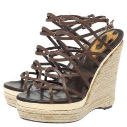 Pre Owned Roberto Cavalli Brown Leather Wedge Platform Espadrille Strappy Sandals Size 35