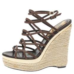 Pre Owned Roberto Cavalli Brown Leather Wedge Platform Espadrille Strappy Sandals Size 35
