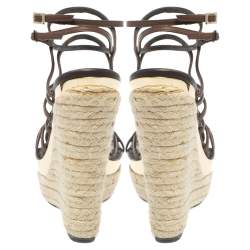 Pre Owned Roberto Cavalli Brown Leather Wedge Platform Espadrille Strappy Sandals Size 35