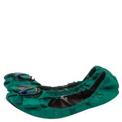 Pre Owned Roberto Cavalli Green Satin Bee Embellished Scrunch Ballet Flats Size 38