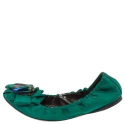 Pre Owned Roberto Cavalli Green Satin Bee Embellished Scrunch Ballet Flats Size 38