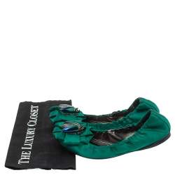 Pre Owned Roberto Cavalli Green Satin Bee Embellished Scrunch Ballet Flats Size 38