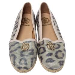 Pre Owned Roberto Cavalli Metallic Beige Animal Print Nylon Espadrilles Size 37