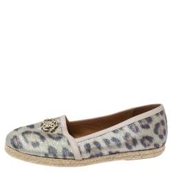 Pre Owned Roberto Cavalli Metallic Beige Animal Print Nylon Espadrilles Size 37