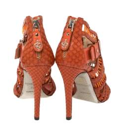 مملوكة مسبقًا صندل روبرتو كافالى قفص جلد وجلد ثعبان برتقالى مقاس 36