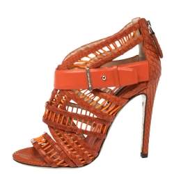 مملوكة مسبقًا صندل روبرتو كافالى قفص جلد وجلد ثعبان برتقالى مقاس 36
