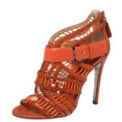 مملوكة مسبقًا صندل روبرتو كافالى قفص جلد وجلد ثعبان برتقالى مقاس 36