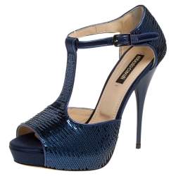 مملوكة مسبقًا Roberto Cavalli Blue Sequin T Strap Platform Open Toe Sandals Size 36